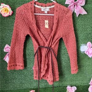 NWT Y2K  DEGREE Knit Cardigan With Belt CORAL COLOR